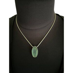 Monet Green Oval Stone (Glass?) Earrings & Necklace Set In Silver Tone